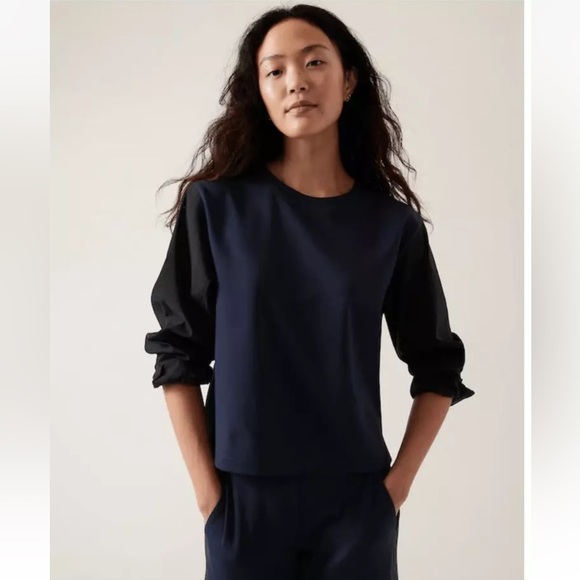 Athleta Harlow Hybrid Top Sweatshirt Navy Blue Black Sleeves Size 1X Plus size - Picture 10 of 12